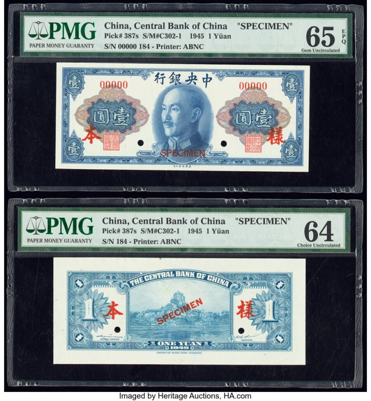 China Central Bank of China 1 Yuan 1945 Pick 387s Front and Back Specimen PMG Ge...