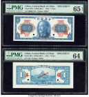 China Central Bank of China 1 Yuan 1945 Pick 387s Front and Back Specimen PMG Gem Uncirculated 65 EPQ; Choice Uncirculated 64. Two POCs noted on both ...