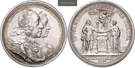 CHARLES VII (1742 - 1745)&nbsp;
Silver medal Coronation of the Royal Couple in Frankfurt, 1742, 29,39g, P. P. Werner, J. L. Oexlein, 44 mm, Ag 900/10...