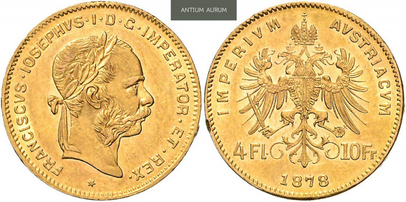 FRANZ JOSEPH I (1848 - 1916)&nbsp;
4 Gulden, 1878, 3,22g, Früh 1331&nbsp;

ab...