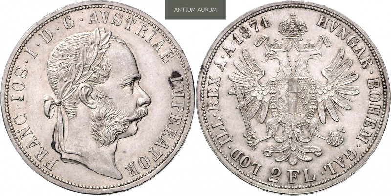 FRANZ JOSEPH I (1848 - 1916)&nbsp;
2 Gulden, 1874, 24,69g, Früh 1373&nbsp;

a...