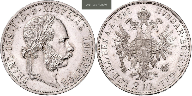 FRANZ JOSEPH I (1848 - 1916)&nbsp;
2 Gulden, 1892, 24,73g, Früh 1391&nbsp;

a...