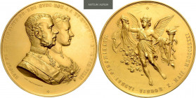 FRANZ JOSEPH I (1848 - 1916)&nbsp;
Gold medal (50 Ducats) Engagement of the Crown Prince Rudolf and Stephanie of Belgium, 1881, 179,98g, J. Tautenhay...