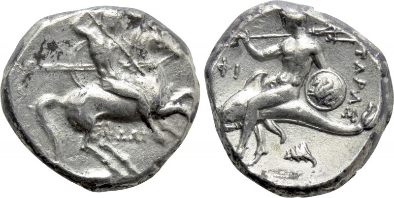 CALABRIA. Tarentum. Nomos (Circa 302-290 BC). 

Obv: Warrior, holding shield a...