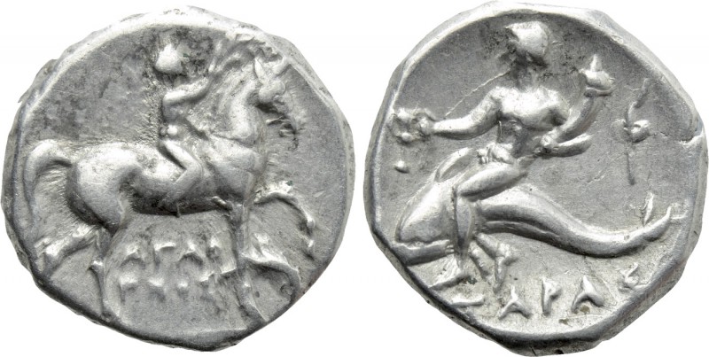 CALABRIA. Tarentum. Nomos (Circa 272-240 BC). 

Obv: Crowning youth on horse s...