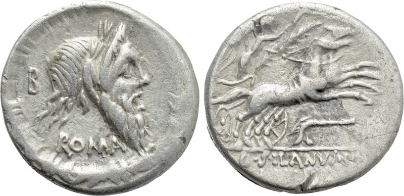 D. SILANUS L.F. Denarius (91 BC). Rome. 

Obv: ROMA. 
Mask of bearded Silenus...