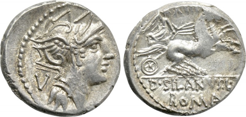 D. SILANUS L.F. Denarius (91 BC). Rome. 

Obv: Helmeted head of Roma right; V ...