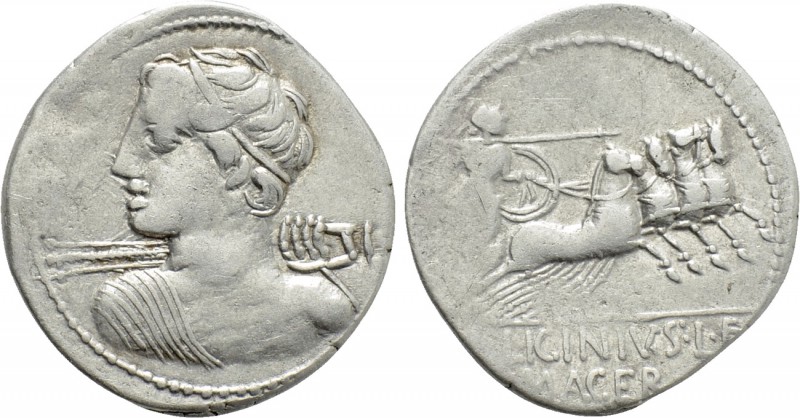 C. LICINIUS L.F. MACER. Denarius (84 BC). Rome. 

Obv: Bust of Apollo Vejovis ...