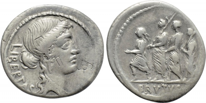 Q. SERVILIUS CAEPIO (M. JUNIUS) BRUTUS. Denarius (54 BC). Rome. 

Obv: LIBERTA...