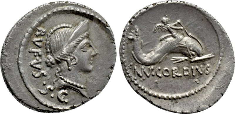 MN. CORDIUS RUFUS. Denarius (46 BC). Rome.

Obv: RVFVS S C.
Diademed head of ...