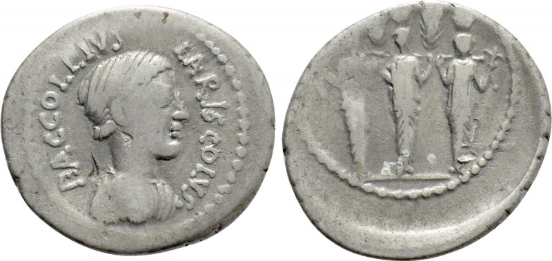 P. ACCOLEIUS LARISCOLUS. Denarius (41 BC). Rome. 

Obv: P ACCOLEIVS LARISCOLVS...