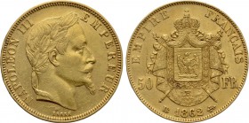FRANCE. Napoleon III (1852-1870). GOLD 50 Francs (1862-BB). Strasbourg.