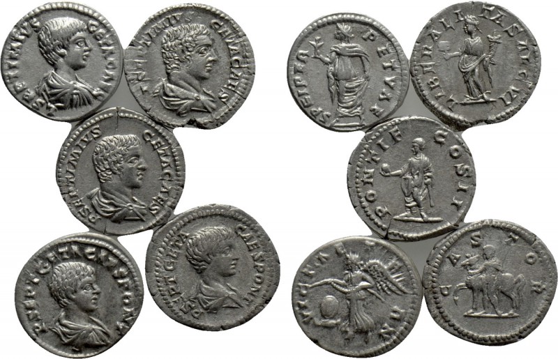 5 Coins of Geta. 

Obv: .
Rev: .

. 

Condition: See picture.

Weight: ...