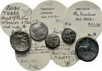 5 Greek Coins With Historical Tickets.