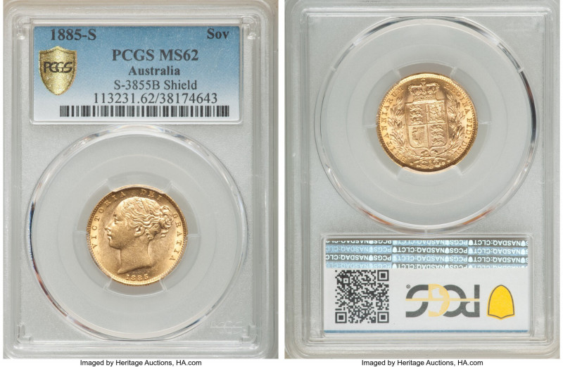 Victoria gold "Shield" Sovereign 1885-S MS62 PCGS, Sydney mint, KM6, S-3855B. An...