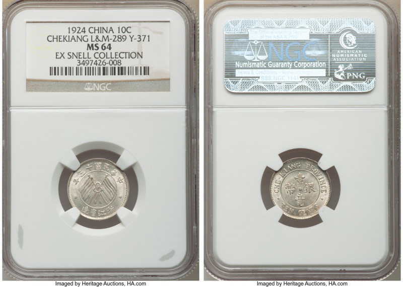 Chekiang. Republic 10 Cents Year 13 (1924) MS64 NGC, KM-Y371, L&M-289. A brillia...