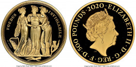 Elizabeth II gold Proof "The Three Graces" 500 Pounds (5 oz) 2020 PR70 Ultra Cameo NGC, KM-Unl. Mintage: 160. From the Great Engravers Series. A truly...