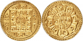 Shah Dynasty. Prithvi Bir Bikram gold Mohar SE 1826 (1904) MS66 PCGS, KM673.1. Embellished by practically immaculate fields with pronounced definition...