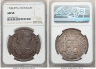Charles III 8 Reales 1780 LM-MI AU58 NGC, Lima mint, KM78. Uniformly toned surfaces enhance the interesting die clash where the pillar is visible in f...