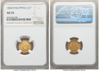 Spanish Colony. Isabel II gold Peso 1868 AU55 NGC, Manila mint, KM142. Gently muted surfaces decorated in a light haze populate this lightly handled s...