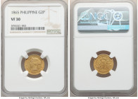 Spanish Colony. Isabel II gold 2 Pesos 1865 VF30 NGC, Madrid mint, KM143, Cal-845. A compelling and moderately circulated issue with ample remaining d...