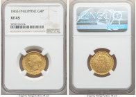 Spanish Colony. Isabel II gold 4 Pesos 1865 XF45 NGC, Madrid mint, KM144, Cal-859. A pale-gold example of this appreciable and fairly short-lived seri...