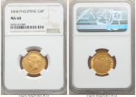 Spanish Colony. Isabel II gold 4 Pesos 1868/58 MS60 NGC, Madrid mint, KM144, Cal-864. A popular overdate variety not noted on the NGC label, with clea...