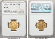 Spanish Colony. Isabel II gold 4 Pesos 1868/58 AU50 NGC, Manila mint, KM144. Imbued with honeyed golden resplendence and ample residual luster relativ...