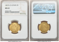Charles IV gold 2 Escudos 1807 S-CN MS63 NGC, Seville mint, KM435.2. Awash with cascading cartwheel luster swirling effortlessly across the relatively...