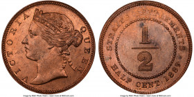 British Colony. Victoria 1/2 Cent 1889 MS65 Red and Brown NGC, KM15. A fully struck selection that displays striking volcanic-red color and fully gem ...