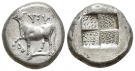 Greek Coins
THRACE, Byzantion. Circa 387/6-340 BC. AR Tetradrachm . Bull standing on dolphin left;
Quadripartite incuse square with stippled surface. ...