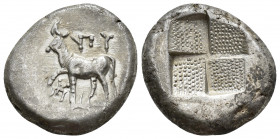 Greek Coins
THRACE, Byzantion. Circa 387/6-340 BC. AR Tetradrachm . Bull standing on dolphin left; YΠ
Quadripartite incuse square with stippled surfac...