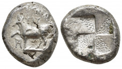 Greek Coins
THRACE, Byzantion. Circa 387/6-340 BC. AR Tetradrachm . Bull standing on dolphin left; PH
Quadripartite incuse square with stippled surfac...