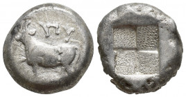 Greek Coins
THRACE, Byzantion. Circa 387/6-340 BC. AR Tetradrachm . Bull standing on dolphin left; 
Quadripartite incuse square with stippled surface....