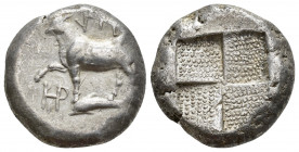 Greek Coins
THRACE, Byzantion. Circa 387/6-340 BC. AR Tetradrachm . Bull standing on dolphin left; HP in left / 
Quadripartite incuse square with stip...