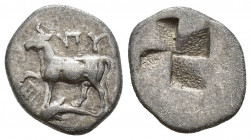 Greek Coins
THRACE, Byzantion. Circa 387/6-340 BC. AR Drachm Heifer standing left [on dolphin left] / Incuse punch 
of mill-sail pattern. .Very fine
W...