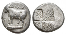 Greek Coins
Bithynia, Kalchedon AR Drachm. Circa 367-340 BC. Rhodian standard. KAΛX, bull standing to left on grain ear; to left, kerykeion and  mono...