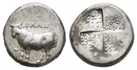 Greek Coins
Bithynia, Kalchedon AR Drachm. Circa 367-340 BC. Rhodian standard. KAΛX, bull standing to left on grain ear; to left, kerykeion and monog...