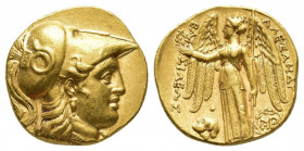 Greek Coins
KINGS of MACEDON. Alexander III. AV Stater Babylon Mint. Struck 317-311 BC. Helmeted head of Athena right; serpent on helmet / Nike stand...
