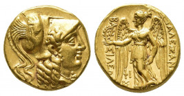 Greek Coins
KINGS of MACEDON. Alexander III. 336-323 BC. AV Stater . Side mint. Struck 325-320 BC. Head of Athena right, wearing triple-crested Corin...