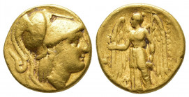 Greek Coins
KINGS of MACEDON.. Alexander III. 336-323 BC. AV Stater Lampsakos mint. Struck 328-323 BC. Helmeted head of Athena right; serpent on helm...