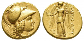 Greek Coins
KINGS of MACEDON.. Alexander III. 336-323 BC. AV Stater Kitium mint. Struck 325-320 BC. Helmeted head of Athena right, serpent on helmet ...