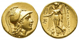 Greek Coins
KINGS of MACEDON. Alexander III. 336-323 BC. AV Stater Teos' mint. Struck 323-319 BC. Helmeted head of Athena right; serpent on helmet / ...