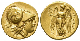 Greek Coins
KINGS of MACEDON Alexander III. 336-323 BC. AV Stater Sidon mint. Struck 322/321 BC.
Helmeted head of Athena right; serpent on helmet / ...