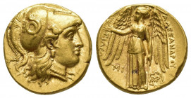 Greek Coins
KINGS of MACEDON.. Alexander III. 336-323 BC. AV Stater Babylon Mint. Struck circa 311-305 BC.
Helmeted head of Athena right, serpent on...