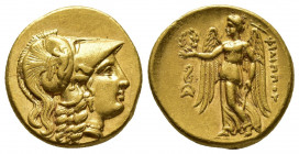 Greek Coins
KINGS of MACEDON. Philip III. 323-317 BC. AV Stater Lampsakos mint. Struck circa 319-317 BC. Head of Athena right, wearing crested Corint...