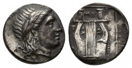 Greek Coins
LESBOS, Mytilene. Circa 350-250 BC. AR Hemidrachm Laureate head of Apollo right / Lyre. Rare condition
Weight: 2.60 Diameter: 14.4