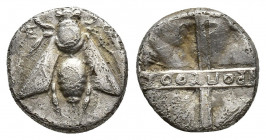 Greek Coins
IONIA, Ephesos. Circa 325-320 BC. AR Hemidrachm Amophoteros, magistrate. Bee / Quadripartite incuse square divided by thick bands; [A]MΦOT...