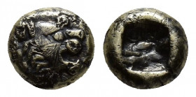 Greek Coins
KINGS OF LYDIA. Time of Alyattes – Kroisos Circa 620/10-550/39 BC . EL 1/24 Stater. Sardes. Obv: Head of roaring lion right, with star on ...