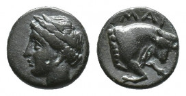 Greek Coins
IONIA. Magnesia ad Maeandrum. Ae Circa 400-350 BC . Ae Laureate head of Apollo left. Rev: MAΓ. Forepart of bull right; mae ander pattern t...